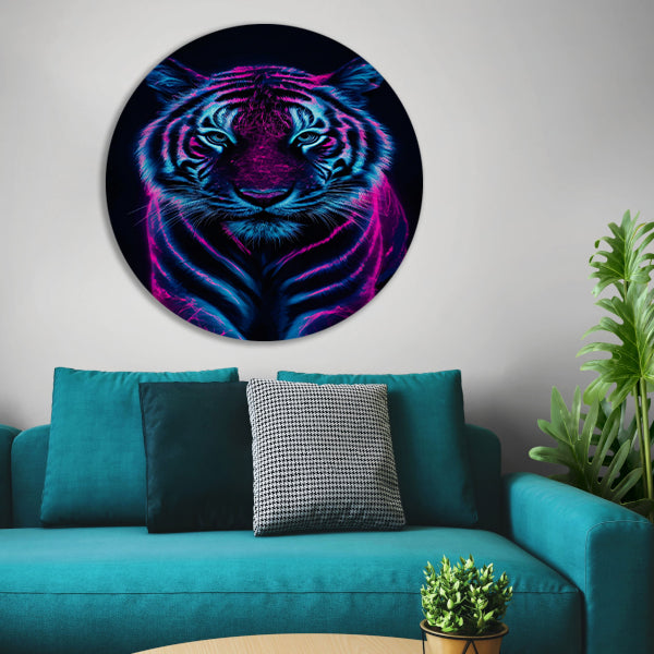Neon tijger in digitale kunststijl aluminium muurcirkel