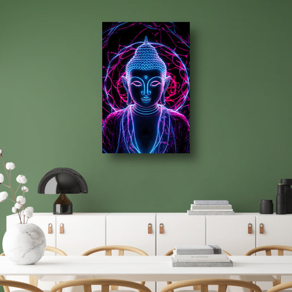 Neon Boeddha met psychedelische kleuren en halo acrylglas