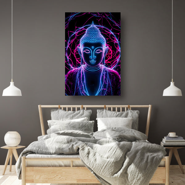 Neon Boeddha met psychedelische kleuren en halo acrylglas