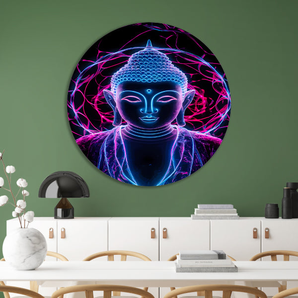 Neon Boeddha met psychedelische kleuren en halo aluminium muurcirkel