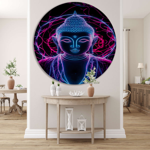 Neon Boeddha met psychedelische kleuren en halo aluminium muurcirkel