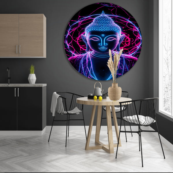 Neon Boeddha met psychedelische kleuren en halo aluminium muurcirkel