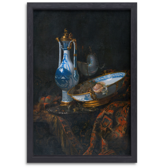 Stilleven met een Aquamanile, fruit en een Nautilusbeker - Willem Kalf canvas met baklijst