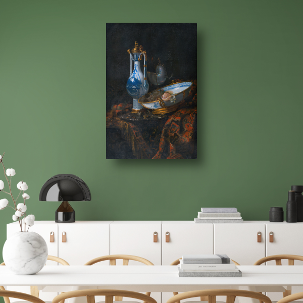 Stilleven met een Aquamanile, fruit en een Nautilusbeker - Willem Kalf canvas met baklijst