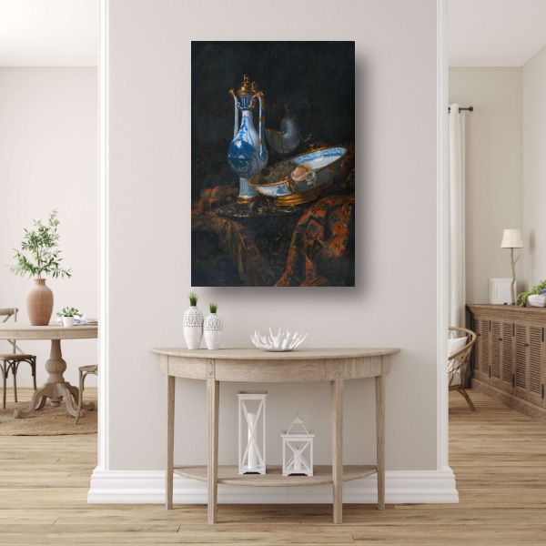 Stilleven met een Aquamanile, fruit en een Nautilusbeker - Willem Kalf canvas met baklijst