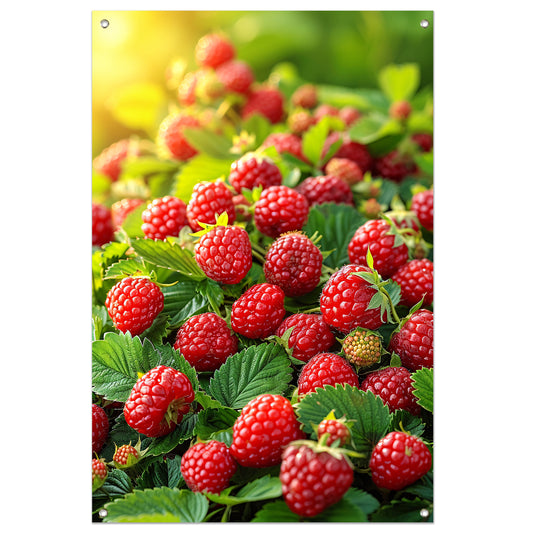 Close-up van Rijpe Frambozen in Zonlicht tuinposter