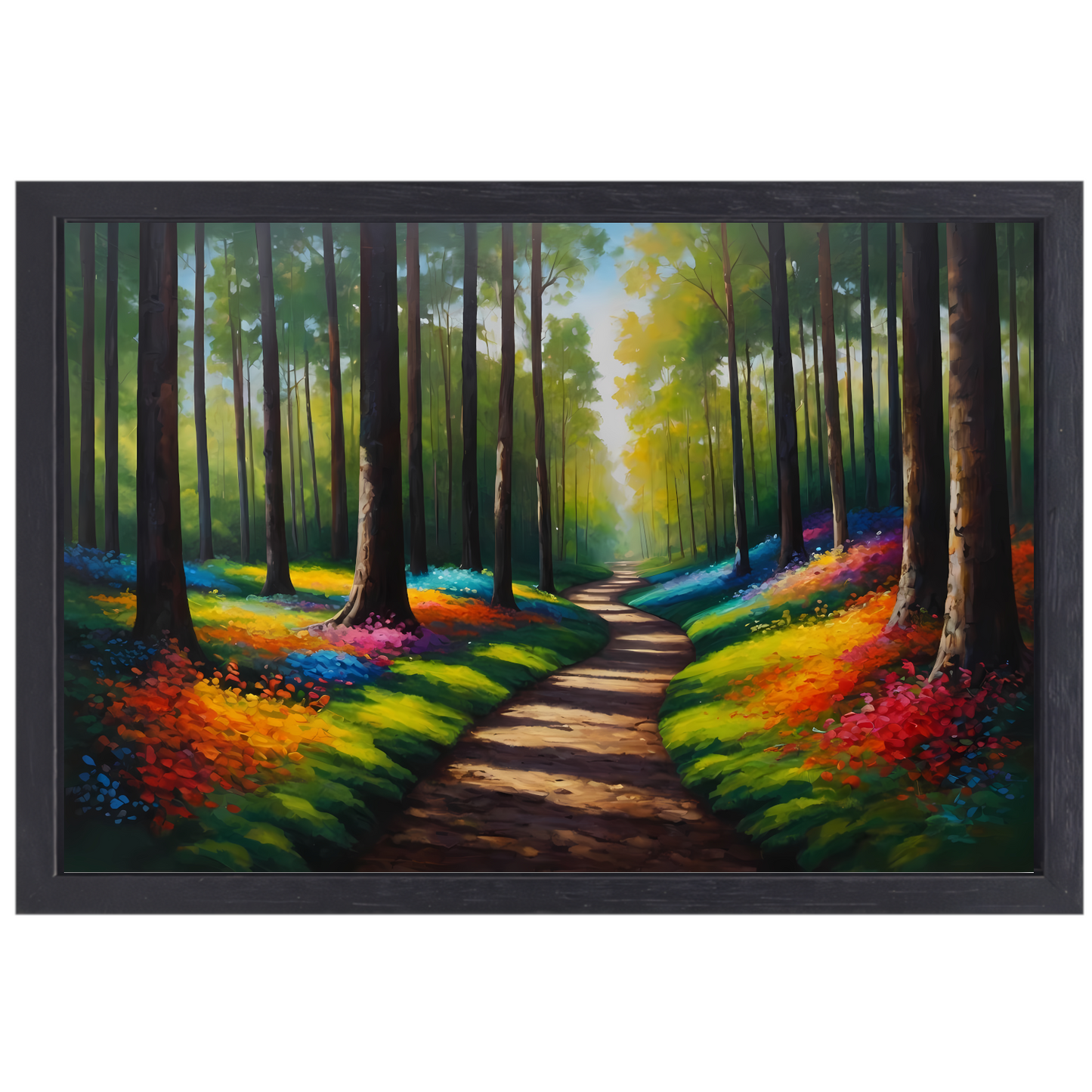 Betoverend Kleurrijk Bos met Wandelend Pad canvas met baklijst