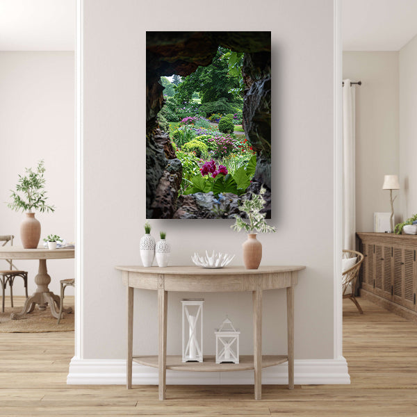 Stenen Raam met Uitzicht op Bloementuin acrylglas