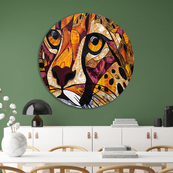 Kleurrijk abstract schilderij van een cheeta aluminium muurcirkel