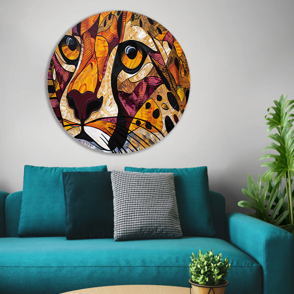 Kleurrijk abstract schilderij van een cheeta aluminium muurcirkel