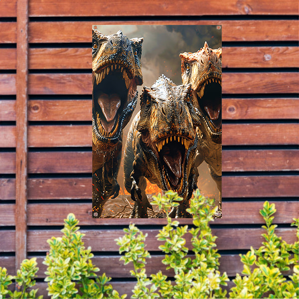 Drie Brullende T-Rexen in Vuurzee tuinposter