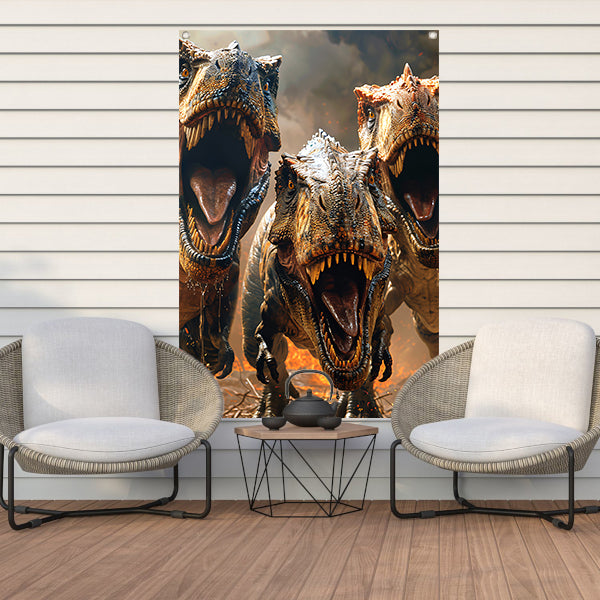 Drie Brullende T-Rexen in Vuurzee tuinposter