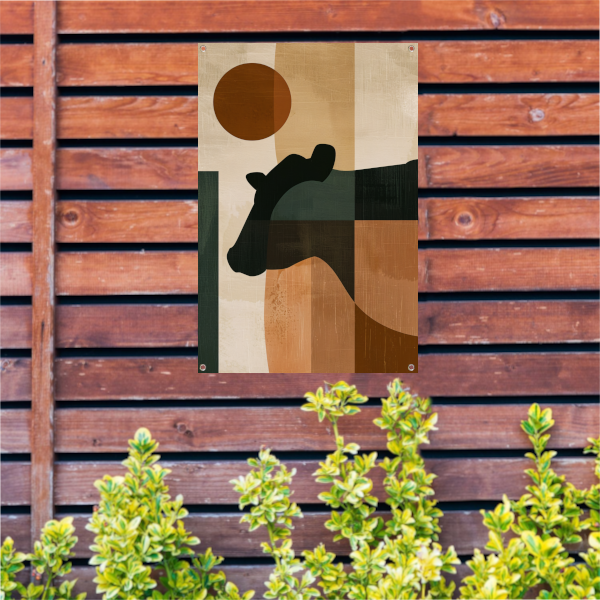 Gestileerde abstracte afbeelding van paard en zon tuinposter