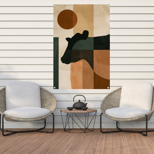 Gestileerde abstracte afbeelding van paard en zon tuinposter