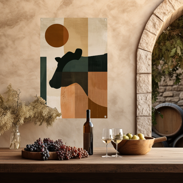 Gestileerde abstracte afbeelding van paard en zon tuinposter