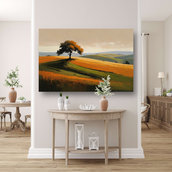 Solitaire boom tegen kleurrijke heuvellandschap poster