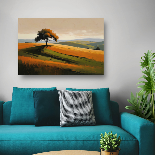Solitaire boom tegen kleurrijke heuvellandschap poster