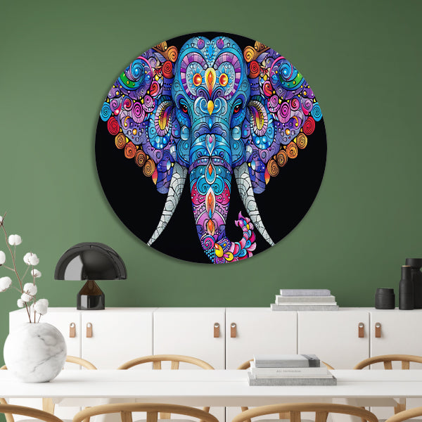 Kleurrijke olifant met gedetailleerde patronen aluminium muurcirkel
