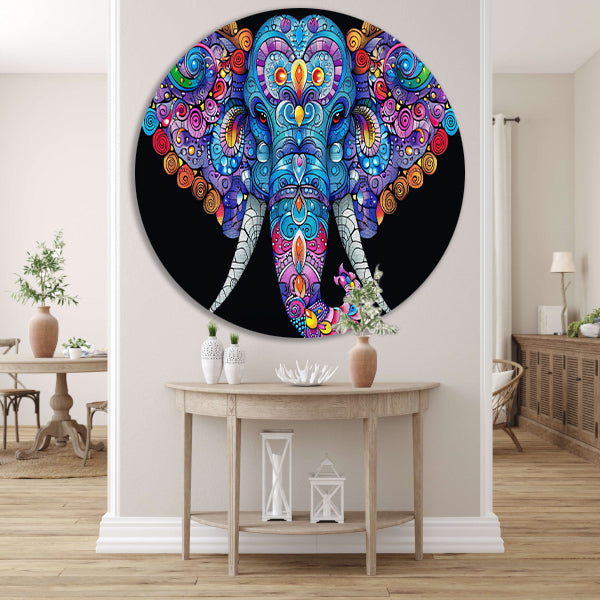 Kleurrijke olifant met gedetailleerde patronen aluminium muurcirkel