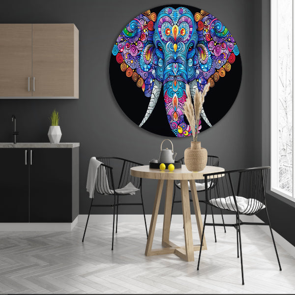 Kleurrijke olifant met gedetailleerde patronen aluminium muurcirkel