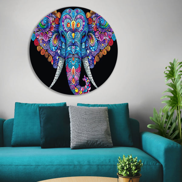 Kleurrijke olifant met gedetailleerde patronen aluminium muurcirkel