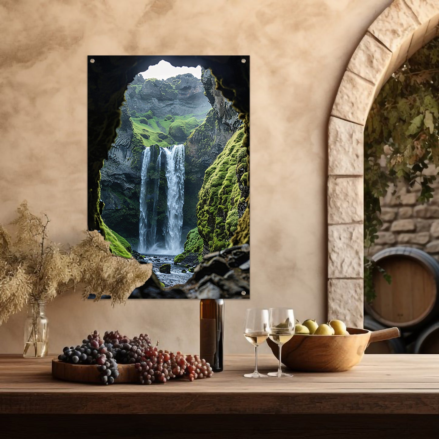 Waterval in rotsachtig landschap tuinposter