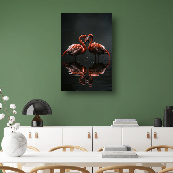 Twee flamingos en hun reflectie in water canvas met baklijst