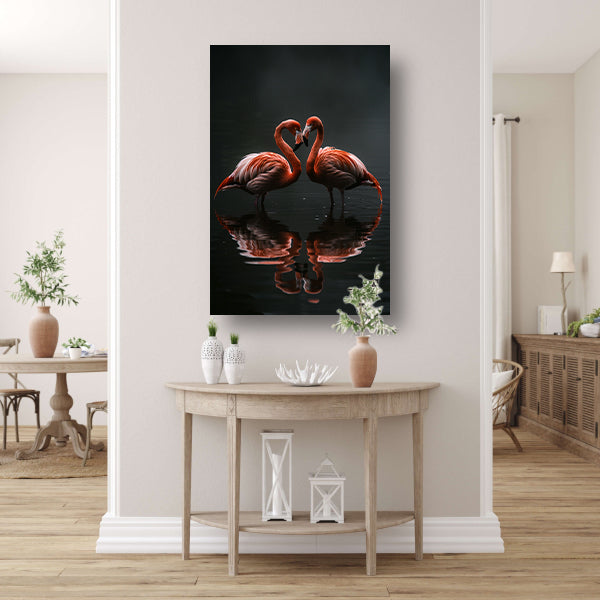 Twee flamingos en hun reflectie in water canvas met baklijst