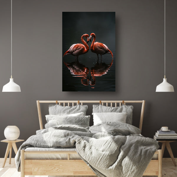 Twee flamingos en hun reflectie in water canvas met baklijst
