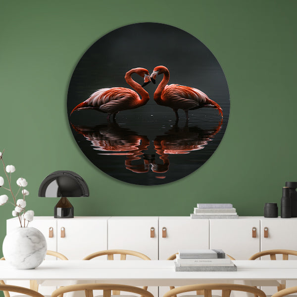 Twee flamingos en hun reflectie in water forex muurcirkel
