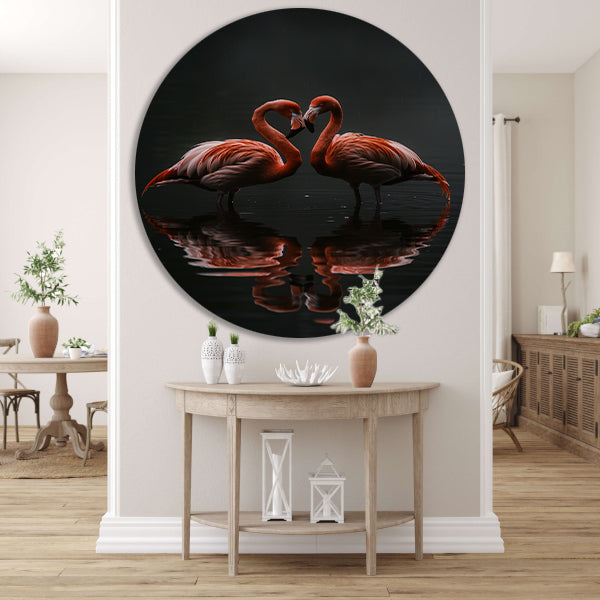 Twee flamingos en hun reflectie in water forex muurcirkel