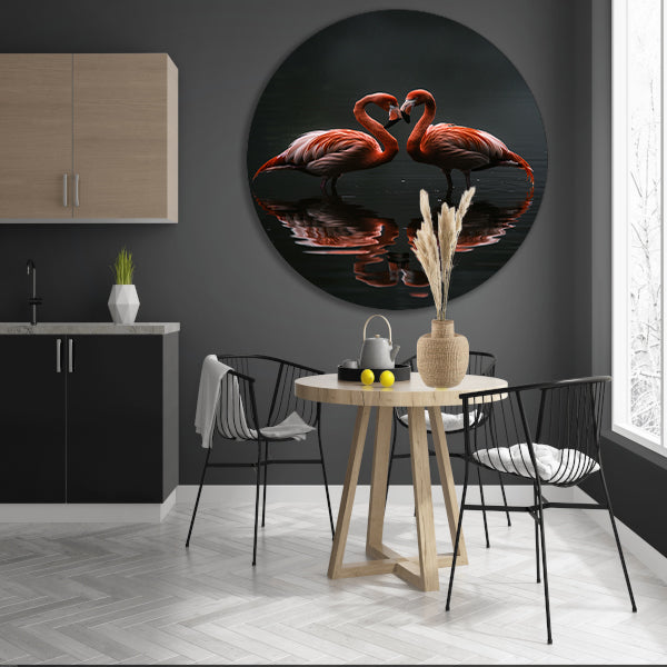 Twee flamingos en hun reflectie in water forex muurcirkel
