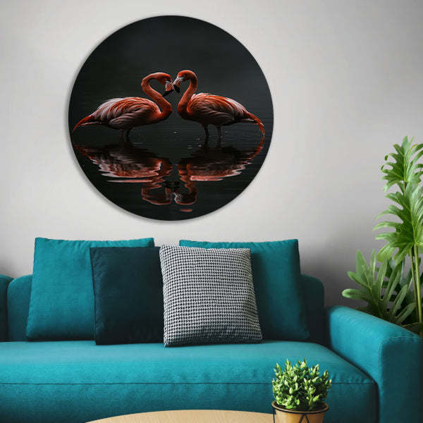 Twee flamingos en hun reflectie in water forex muurcirkel