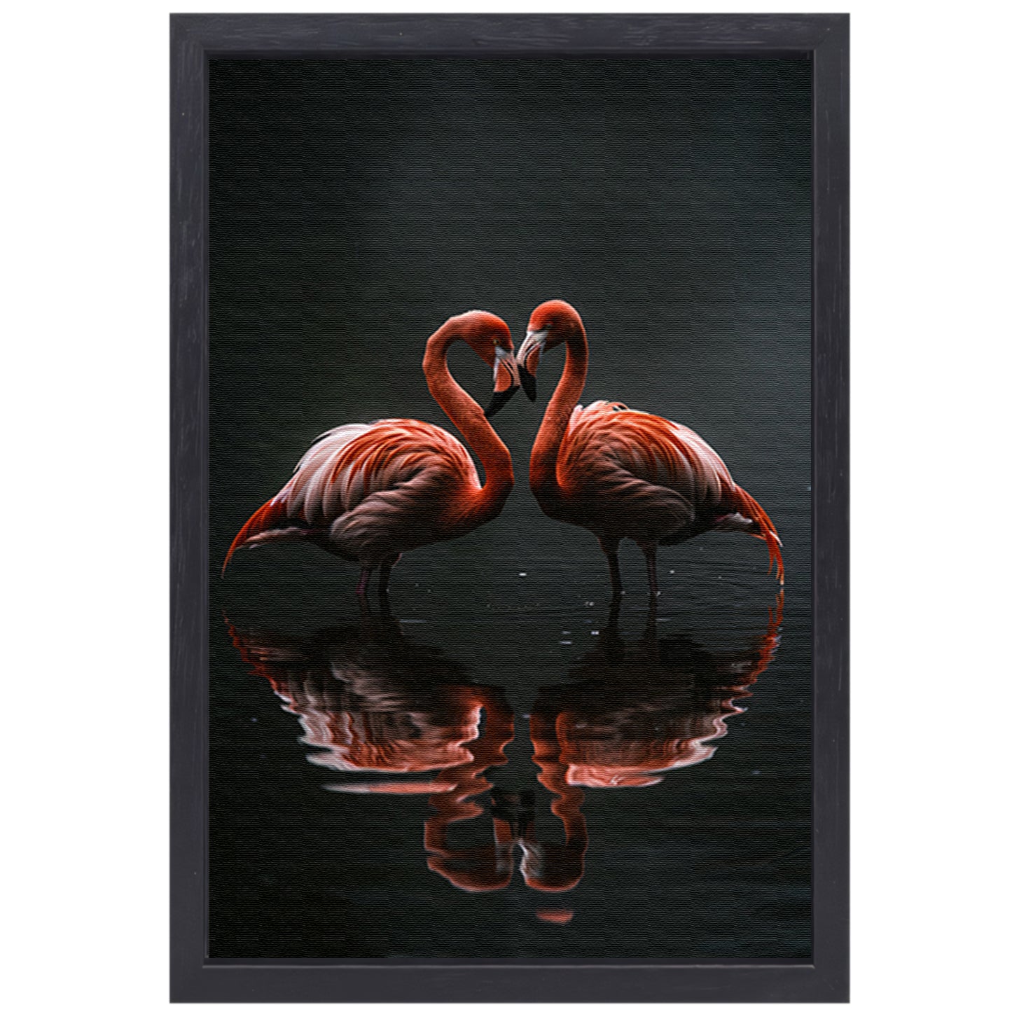 Twee flamingos en hun reflectie in water canvas met baklijst