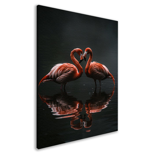 Twee flamingos en hun reflectie in water canvas