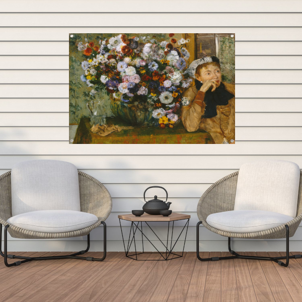 Een vrouw zittend naast een vaas met bloemen - Edgar Degas tuinposter