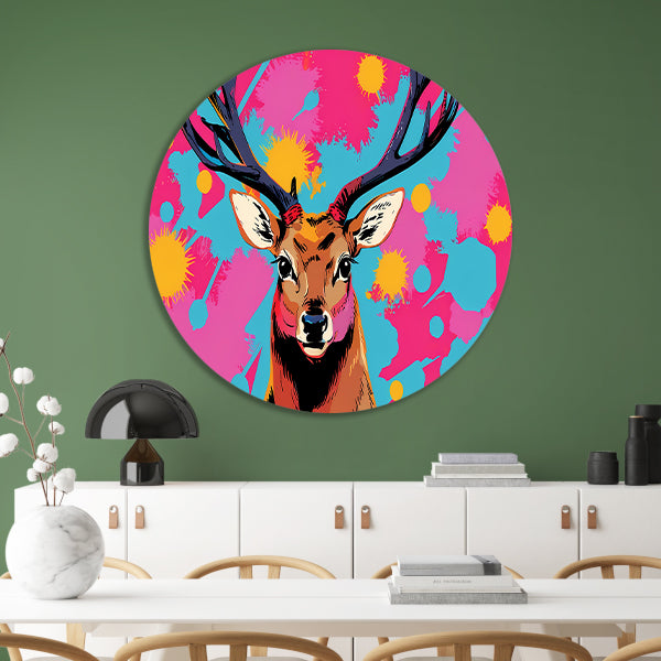 Kleurrijk hert in popart stijl schilderij aluminium muurcirkel