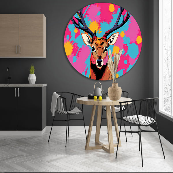Kleurrijk hert in popart stijl schilderij aluminium muurcirkel