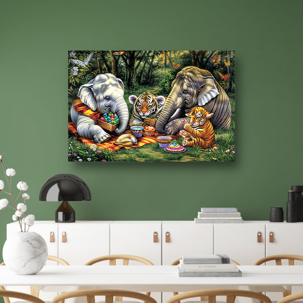 Surrealistische junglepicknick met dieren canvas