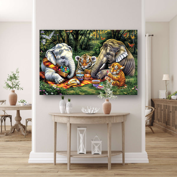 Surrealistische junglepicknick met dieren canvas