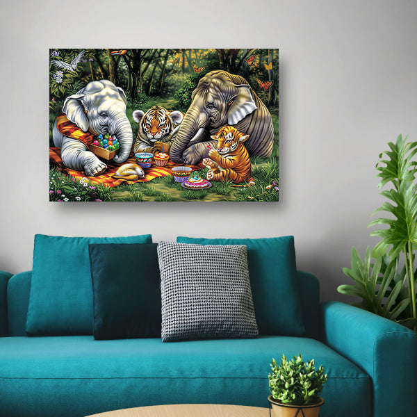 Surrealistische junglepicknick met dieren canvas