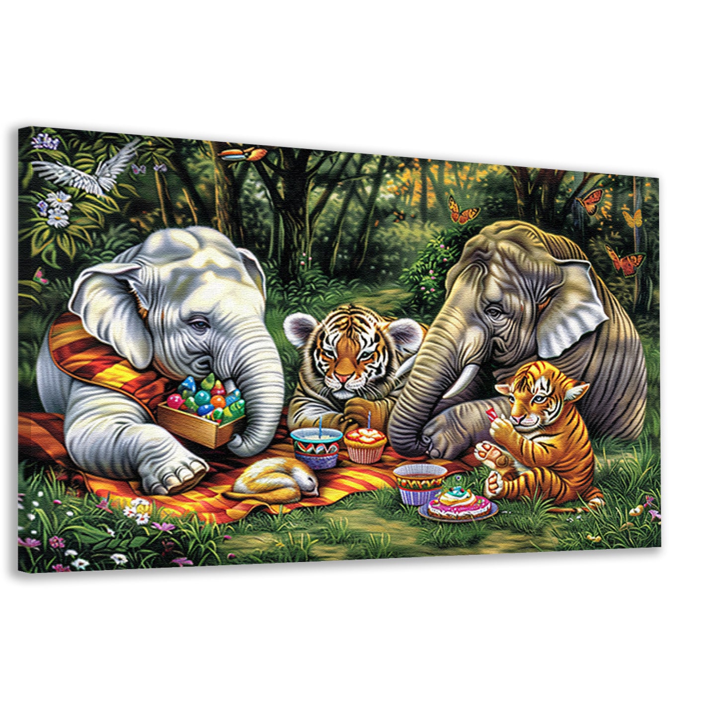 Surrealistische junglepicknick met dieren canvas