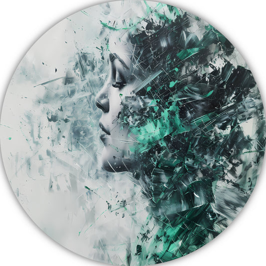 Abstracte vrouwengezicht in kleurrijke chaos aluminium muurcirkel