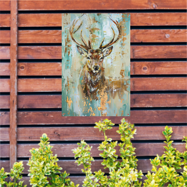 Abstract hertenschilderij met gouden accenten tuinposter