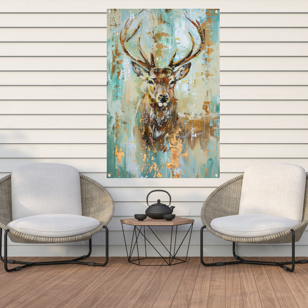 Abstract hertenschilderij met gouden accenten tuinposter