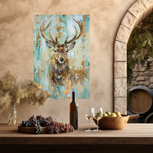 Abstract hertenschilderij met gouden accenten tuinposter