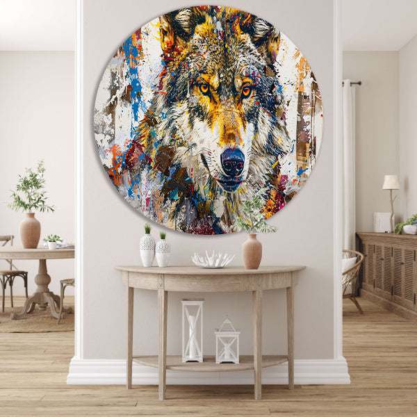 Kleurrijk abstract schilderij van een wolf aluminium muurcirkel