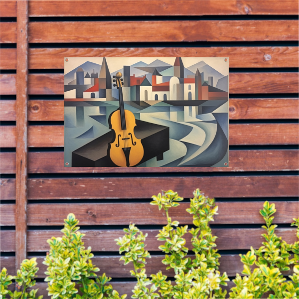 Kubistische interpretatie van stad en muziek tuinposter