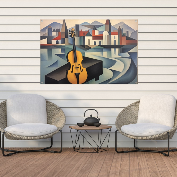 Kubistische interpretatie van stad en muziek tuinposter