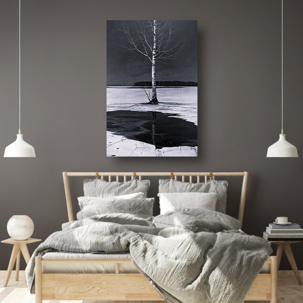 Eenzame boom bij bevroren meer poster